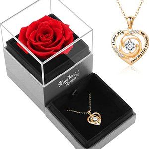 Preserved Real Rose with Heart Necklace Gifts